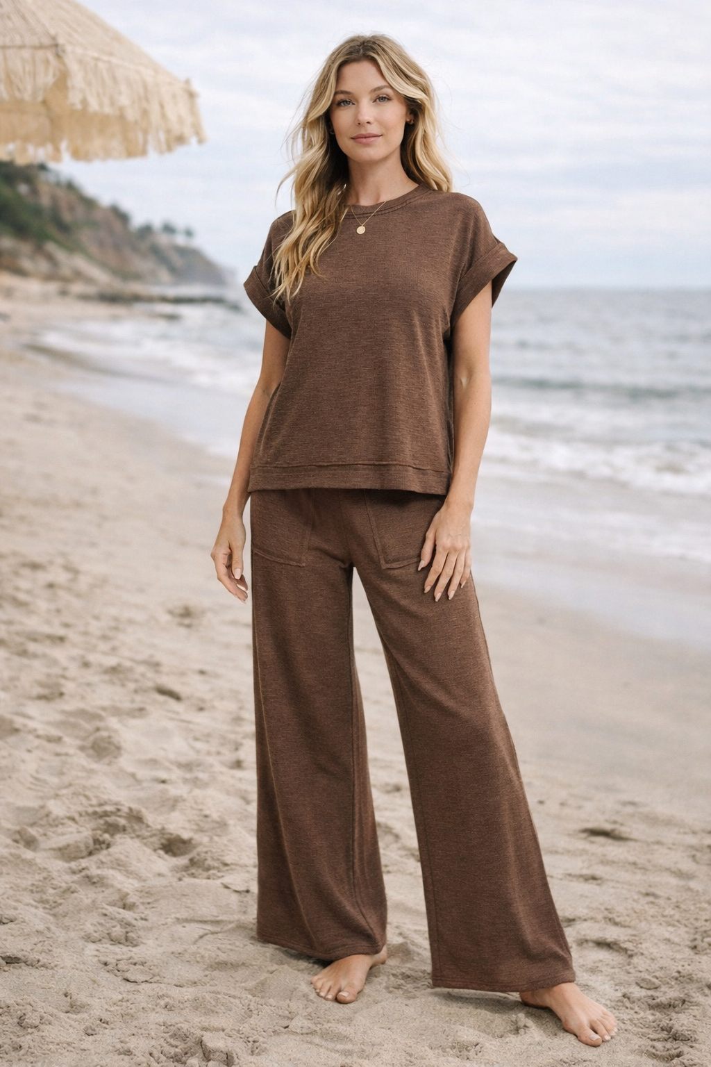 Zenana Cotton Slub Short Sleeve Tee and Pants Set