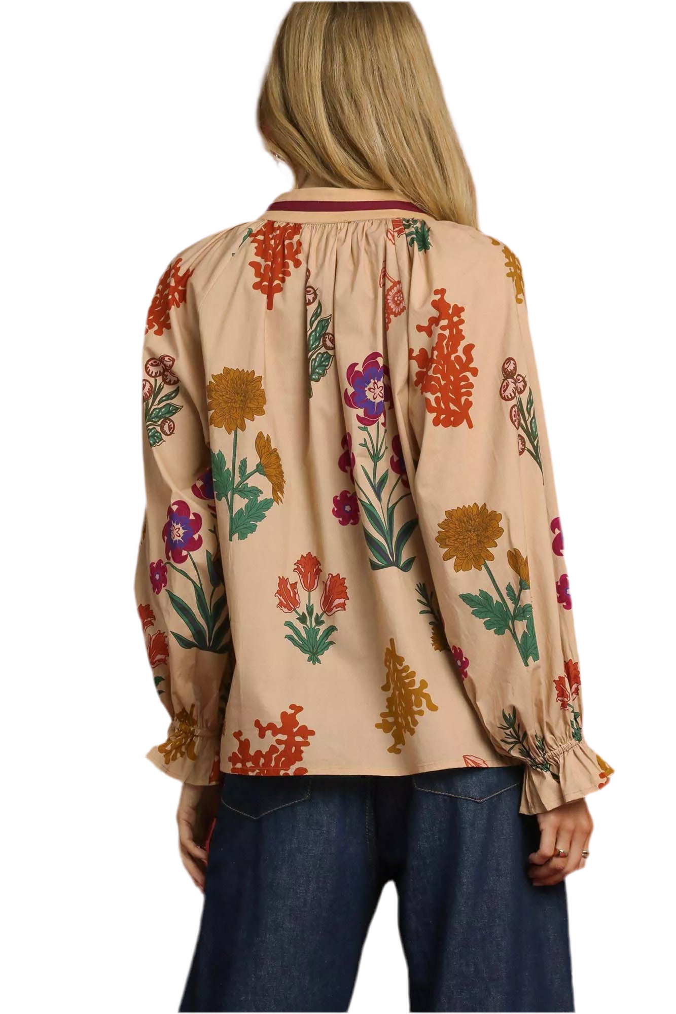 Umgee Floral Print Flounce Sleeve Blouse