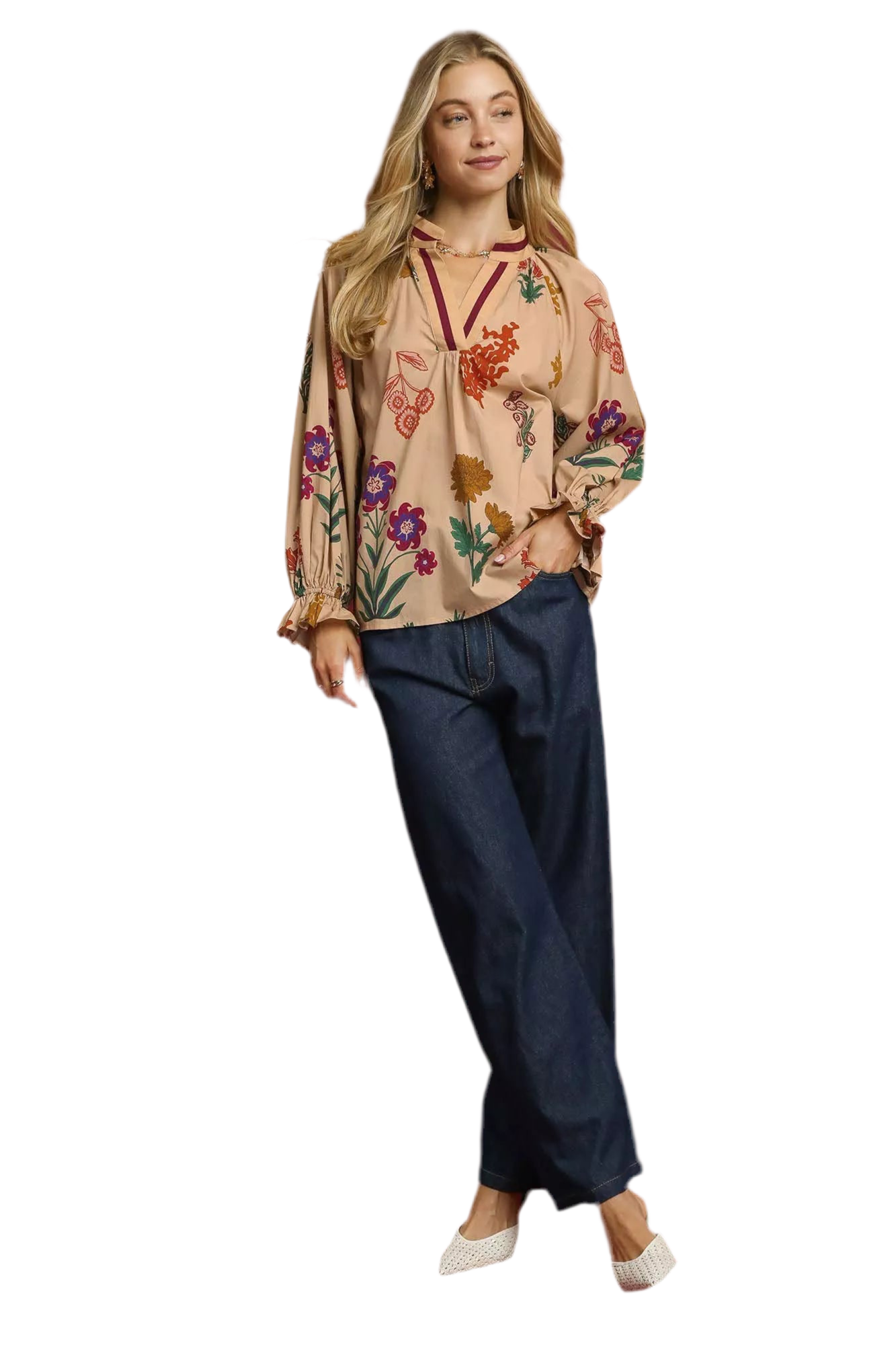 Umgee Floral Print Flounce Sleeve Blouse