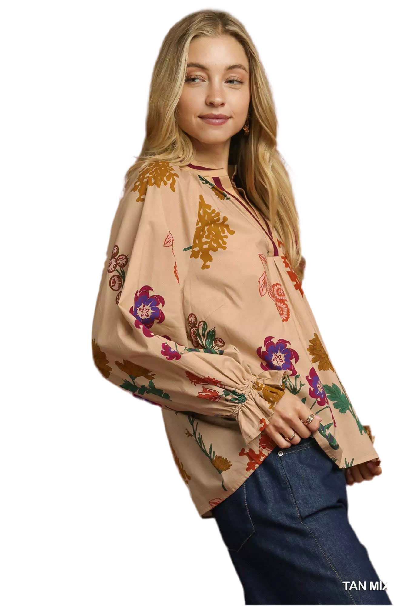 Umgee Floral Print Flounce Sleeve Blouse