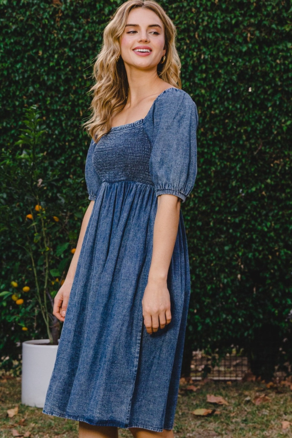 ODDI Washed Smocked Puff Sleeve Dress