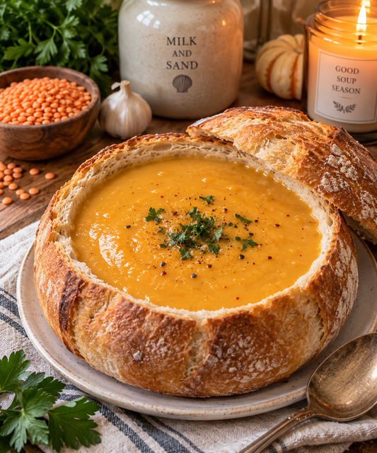Cozy Red Lentil Soup in a Bread Bowl