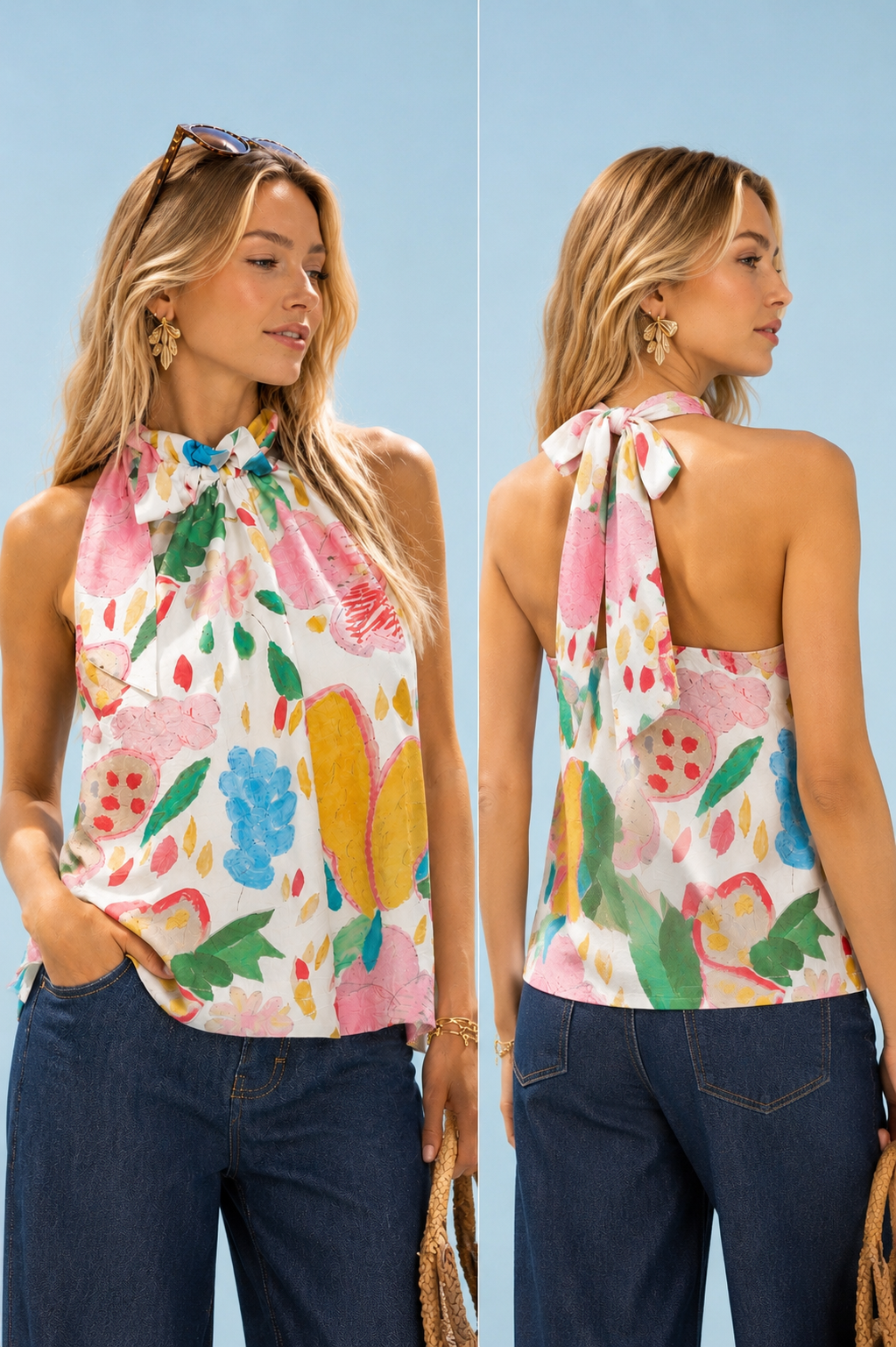 Multi-Color Floral Halter Neck Boho Top