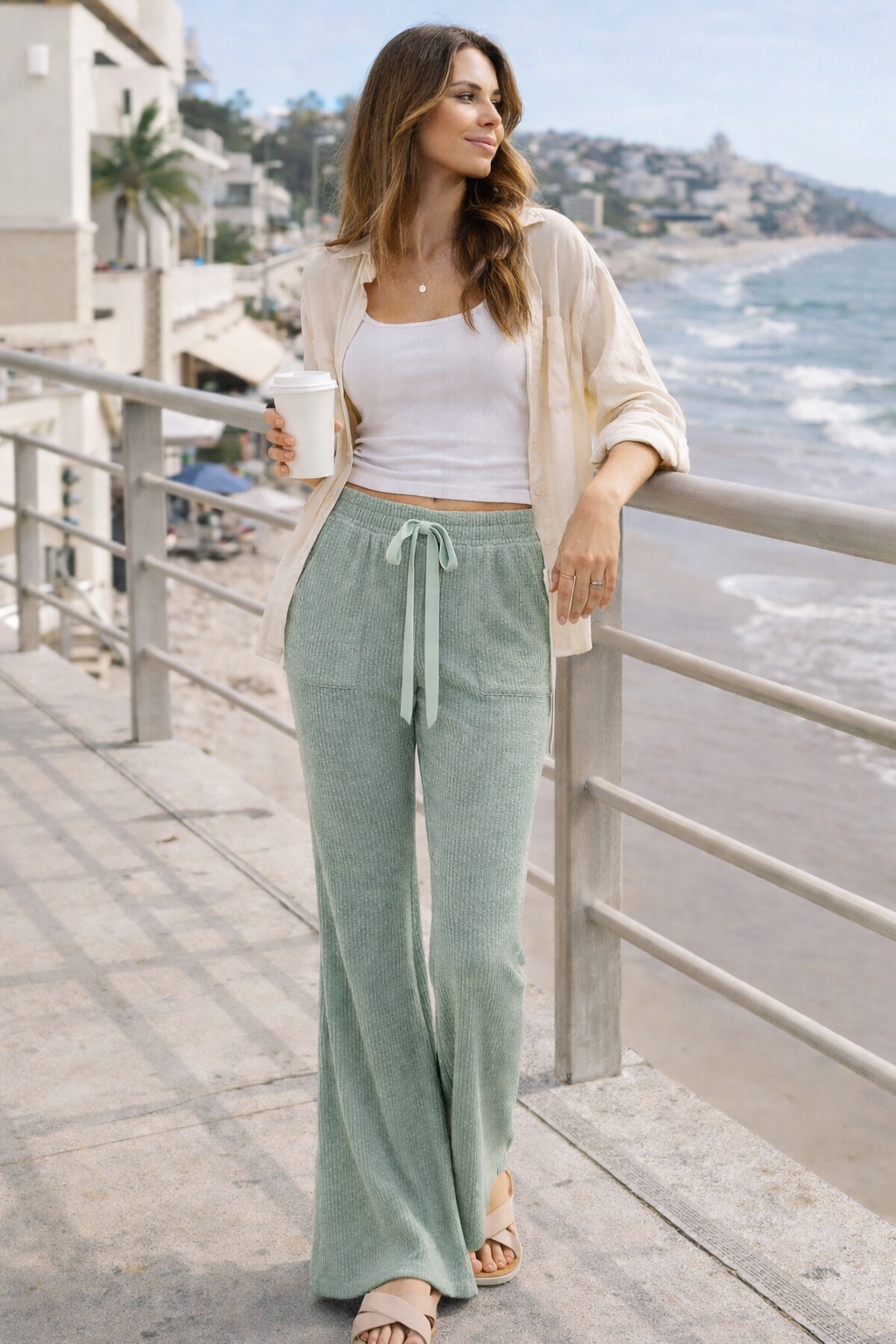 Drawstring Textured Ribbed Knit Pants| POL