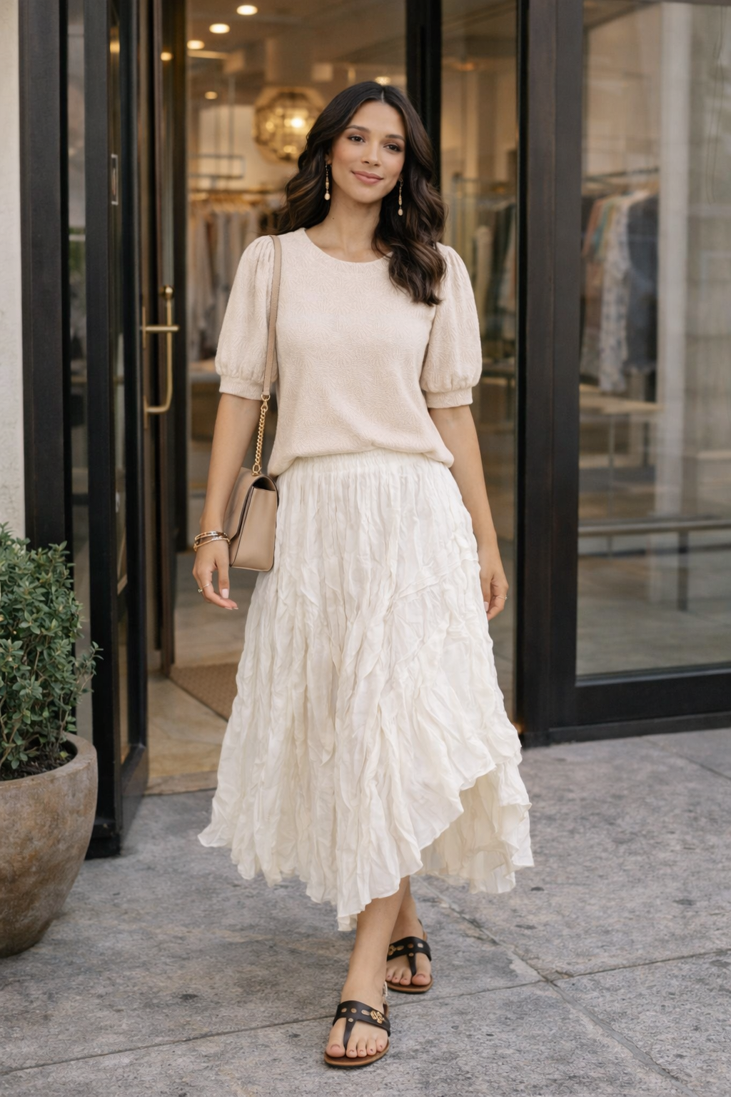 Mittoshop Fan Shell Texture Short Puff Sleeve Knit Top