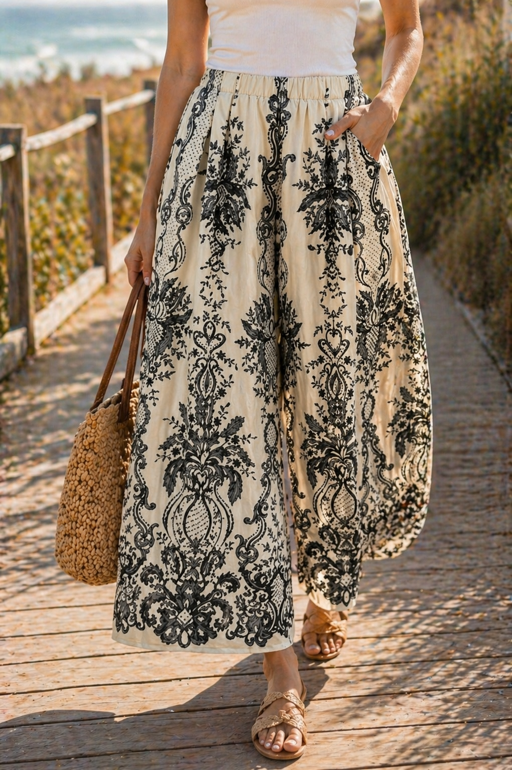 Border Print Wide Leg Pants| Umgee