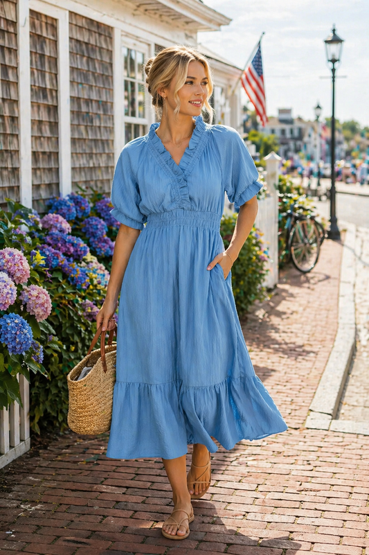 Milk and Sand Blue Ruffle V-Neck Midi Dress | Umgee