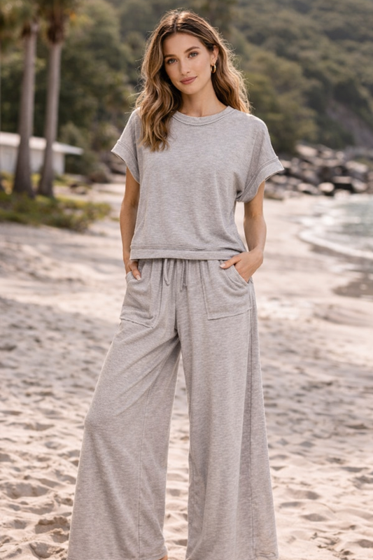 Zenana Washed Slub Short Sleeve Tee & Long Pants Set