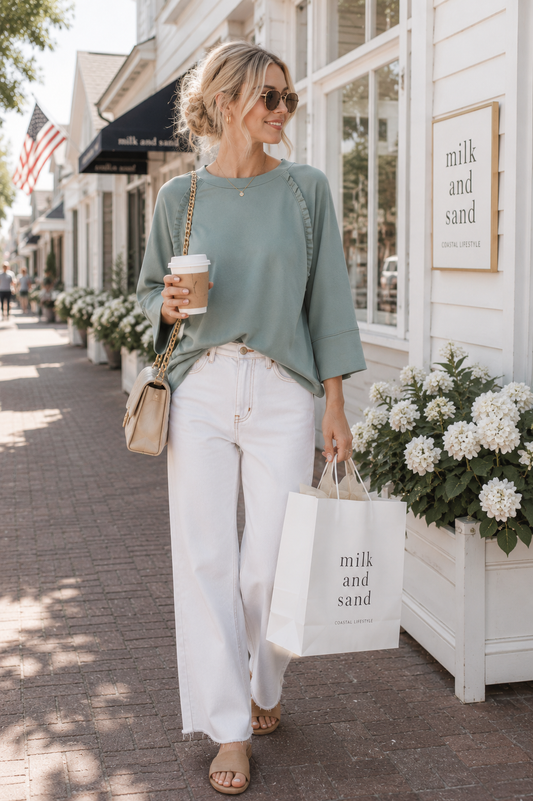 Ruffle Trim 3/4 Raglan Sleeve Top