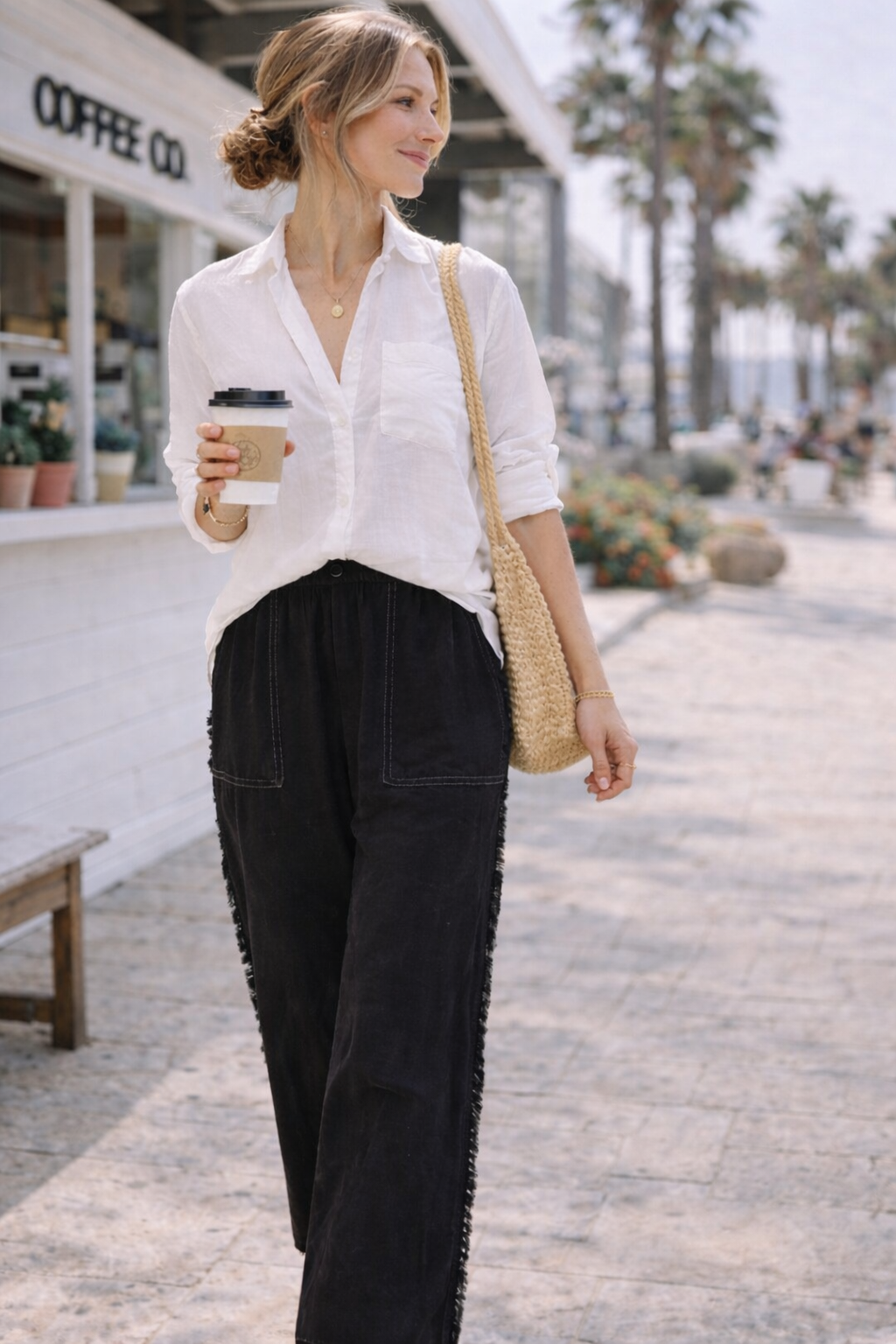 Linen Frayed Side Pocket Wide Leg Pants