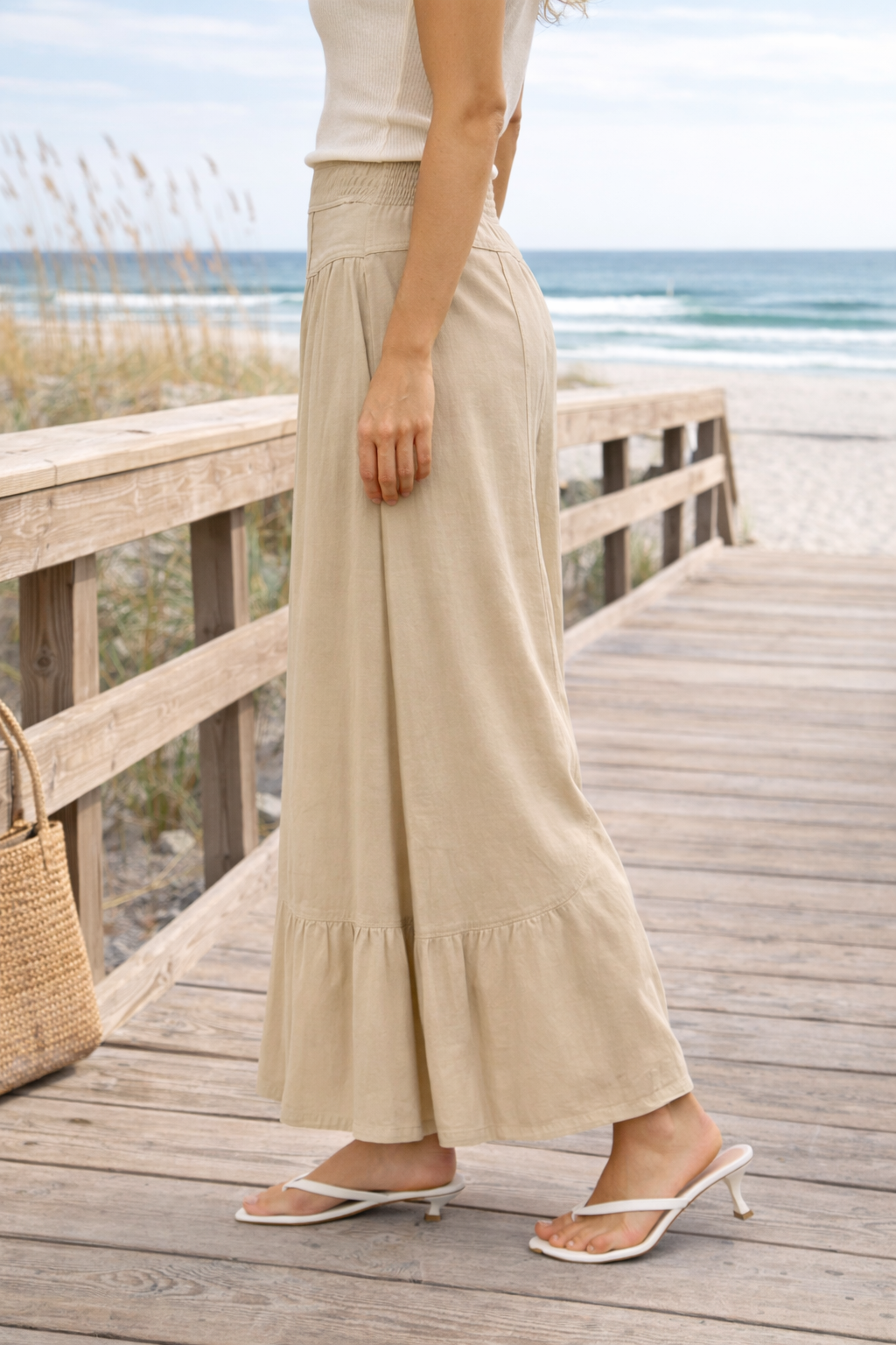 RISEN Shirring Detail Wide Leg Pants