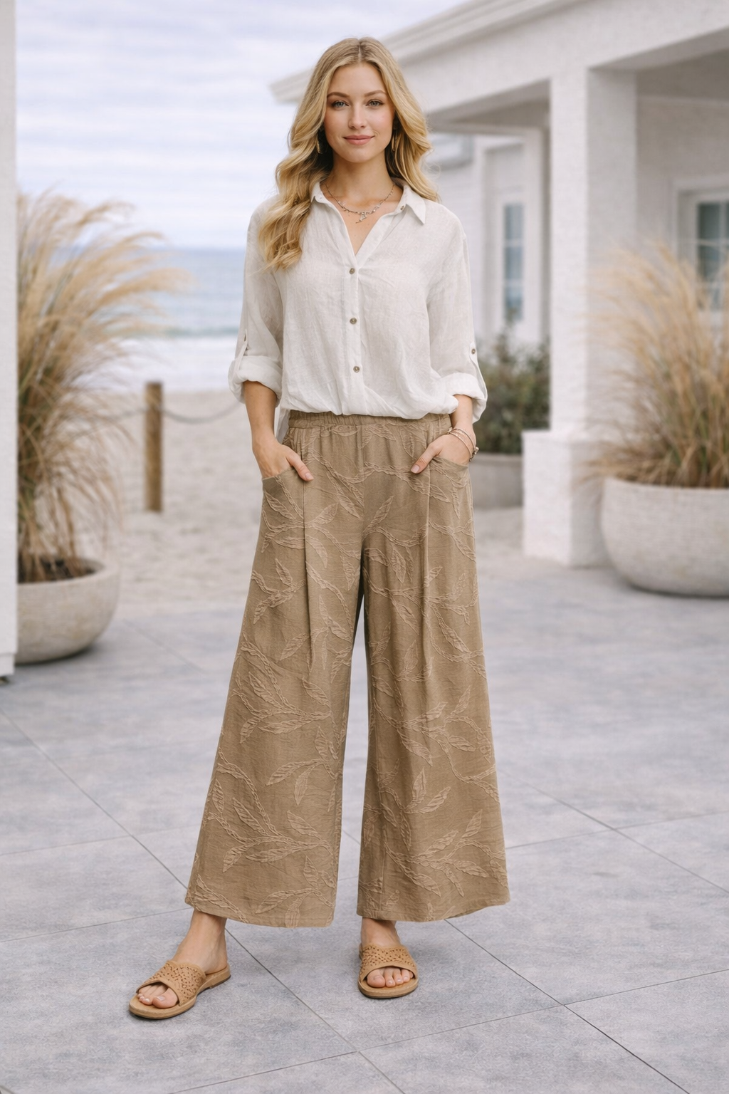 Umgee Jacquard Wide-Leg Pants