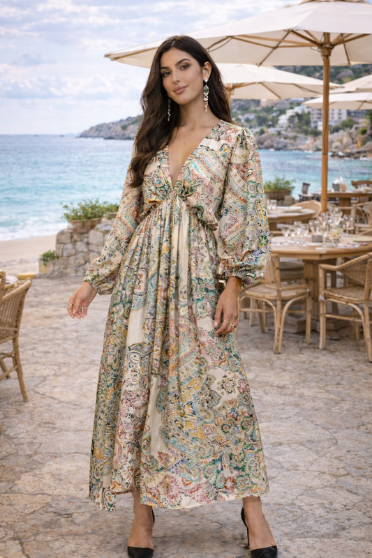 ADORA Printed V-Neck Batwing Sleeve Dress