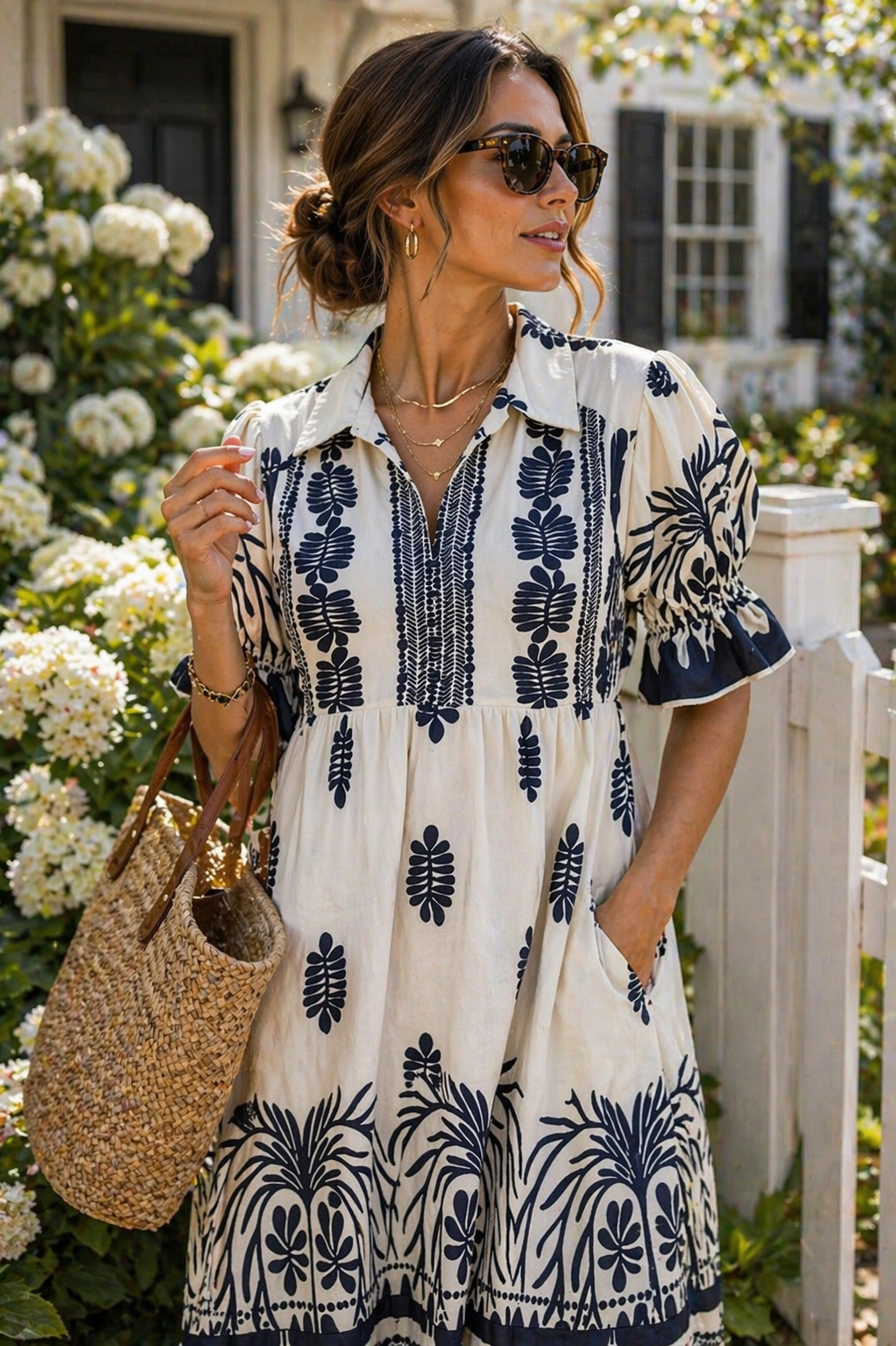 Milk and Sand Border Print Midi Dress with Puff Sleeves | Umgee