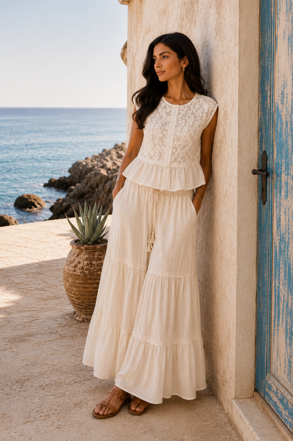 Round Neck Lace Sleeveless Top with Double Gauze Ruffle