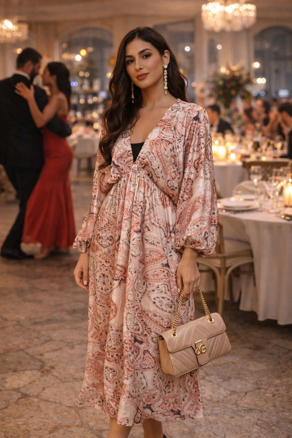 ADORA Printed V-Neck Batwing Sleeve Dress