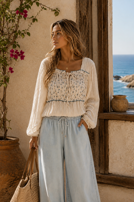 Square Neck Lace Long Balloon Sleeve Top