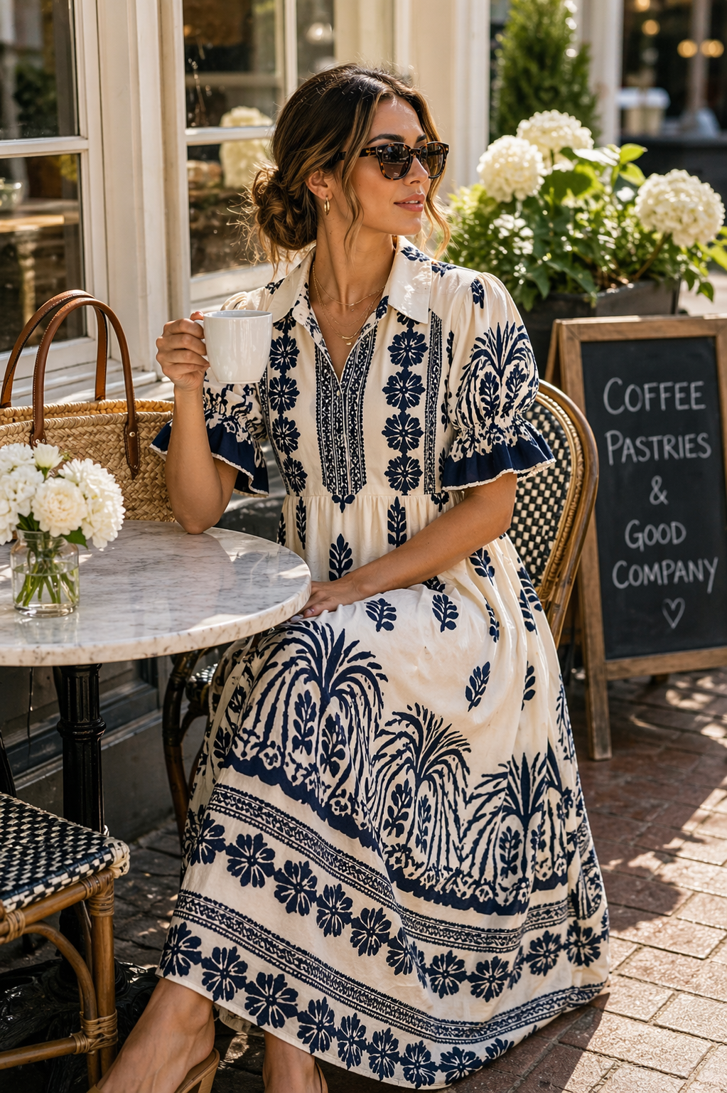 Milk and Sand Border Print Midi Dress with Puff Sleeves | Umgee