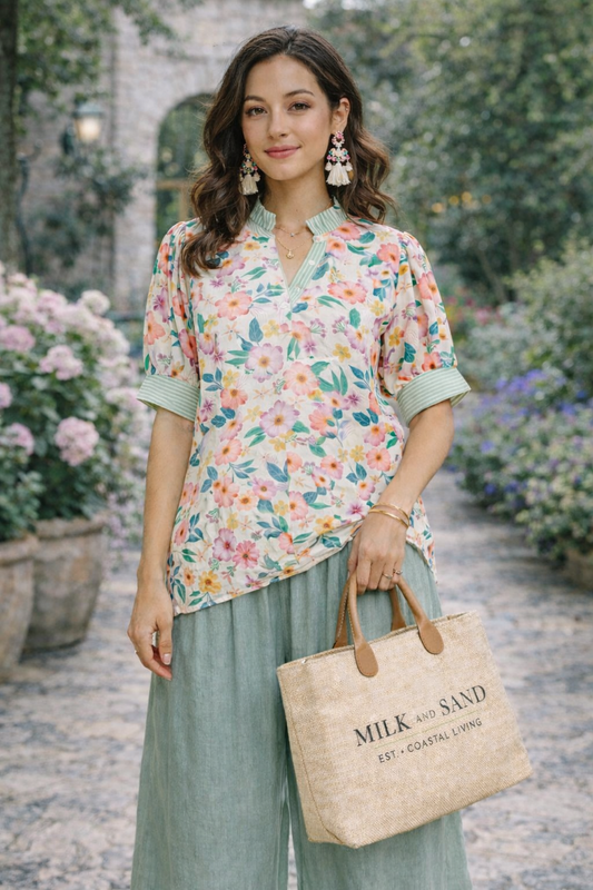 Umgee Floral Print Jacquard Ruffle Top