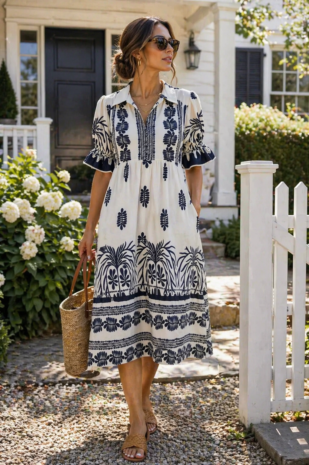 Milk and Sand Border Print Midi Dress with Puff Sleeves | Umgee