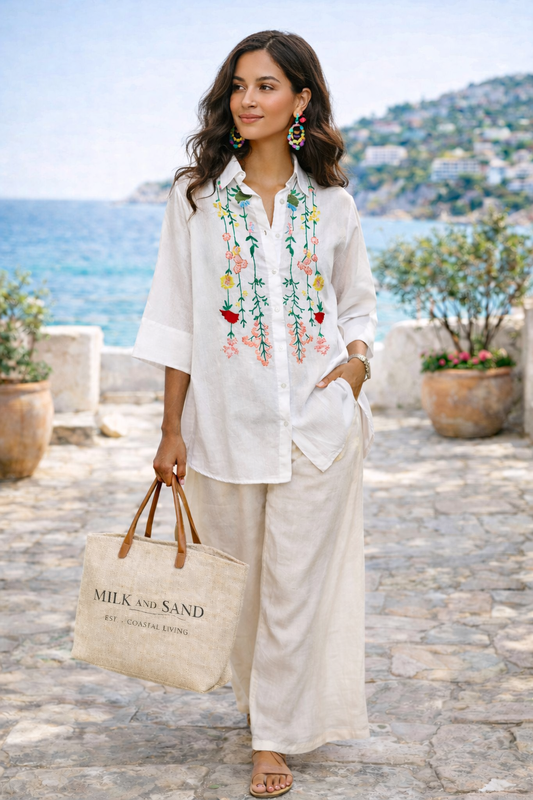 POL Floral Embroidered Half Sleeve Cotton Shirt