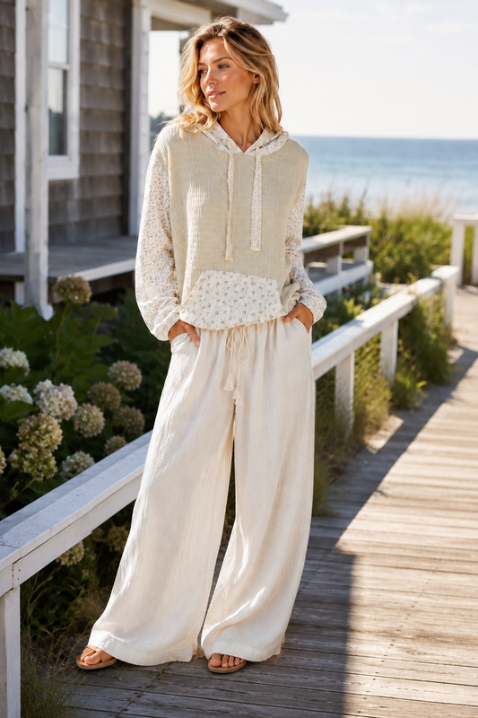 Mixed Knit Contrast Print Sleeve Hoodie with Kangaroo Pocket