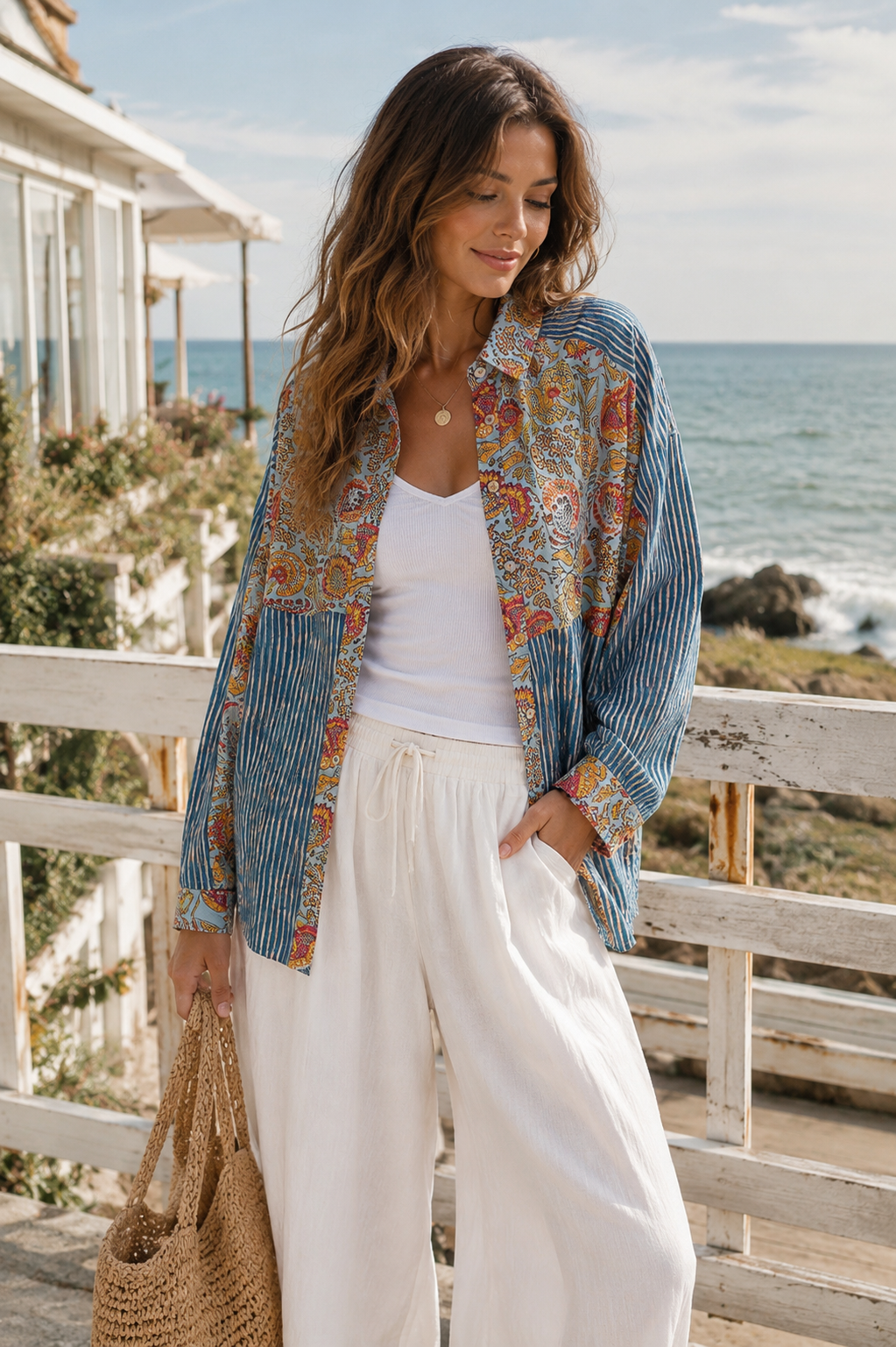 Patchwork Mixed Textured Paisley Floral Stripe Long Sleeve Shirt