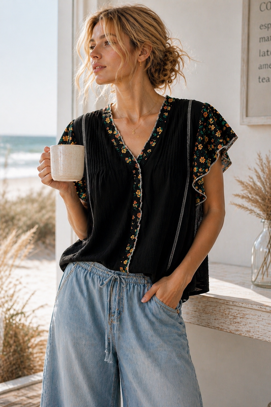 V-Neck Floral Ruffle Sleeve Blouse | POL