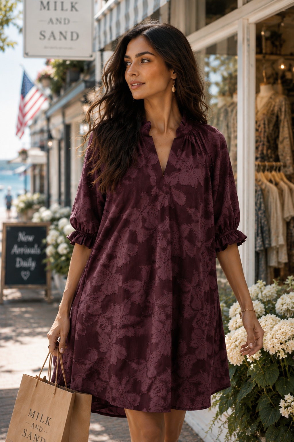 Floral Textured Jacqaurd V-Neck Dress