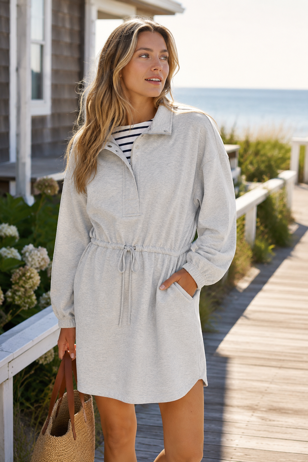 Umgee Half Zip-Up Drawstring Waist Dress