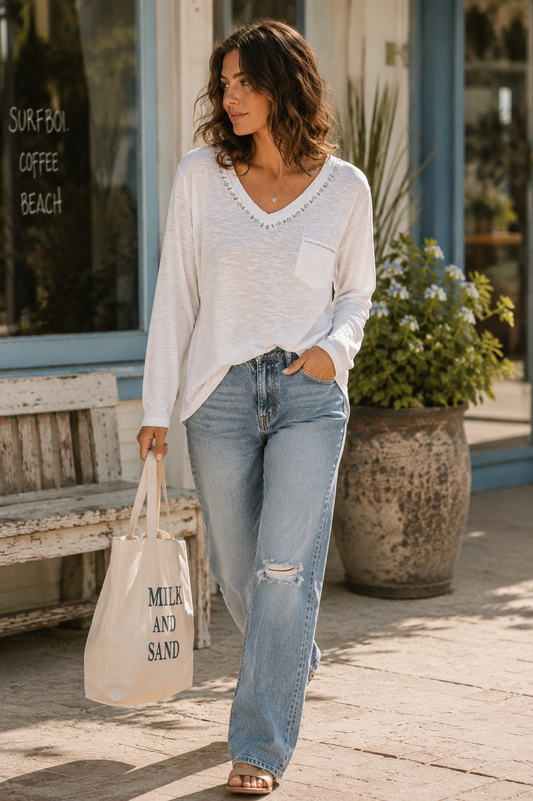 Contrast Hand-Stitch V-Neck Lightweight Knit Long Sleeve Top