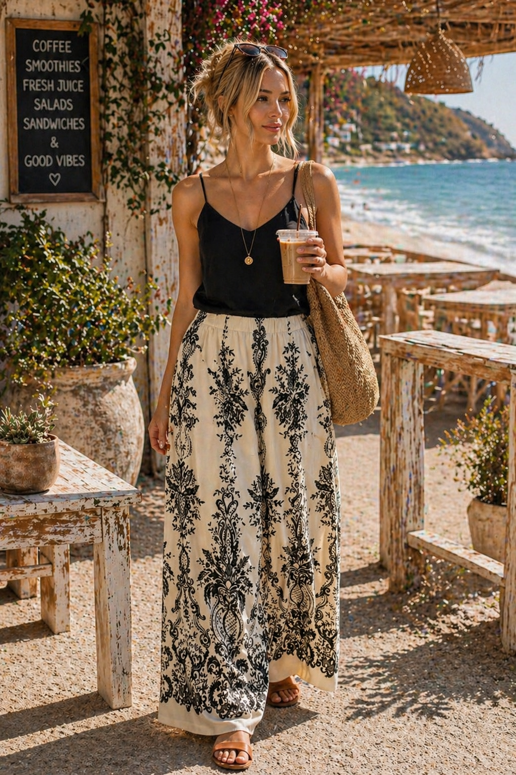 Border Print Wide Leg Pants| Umgee