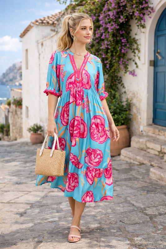 Umgee Floral Print Midi Dress with Contrast Trim