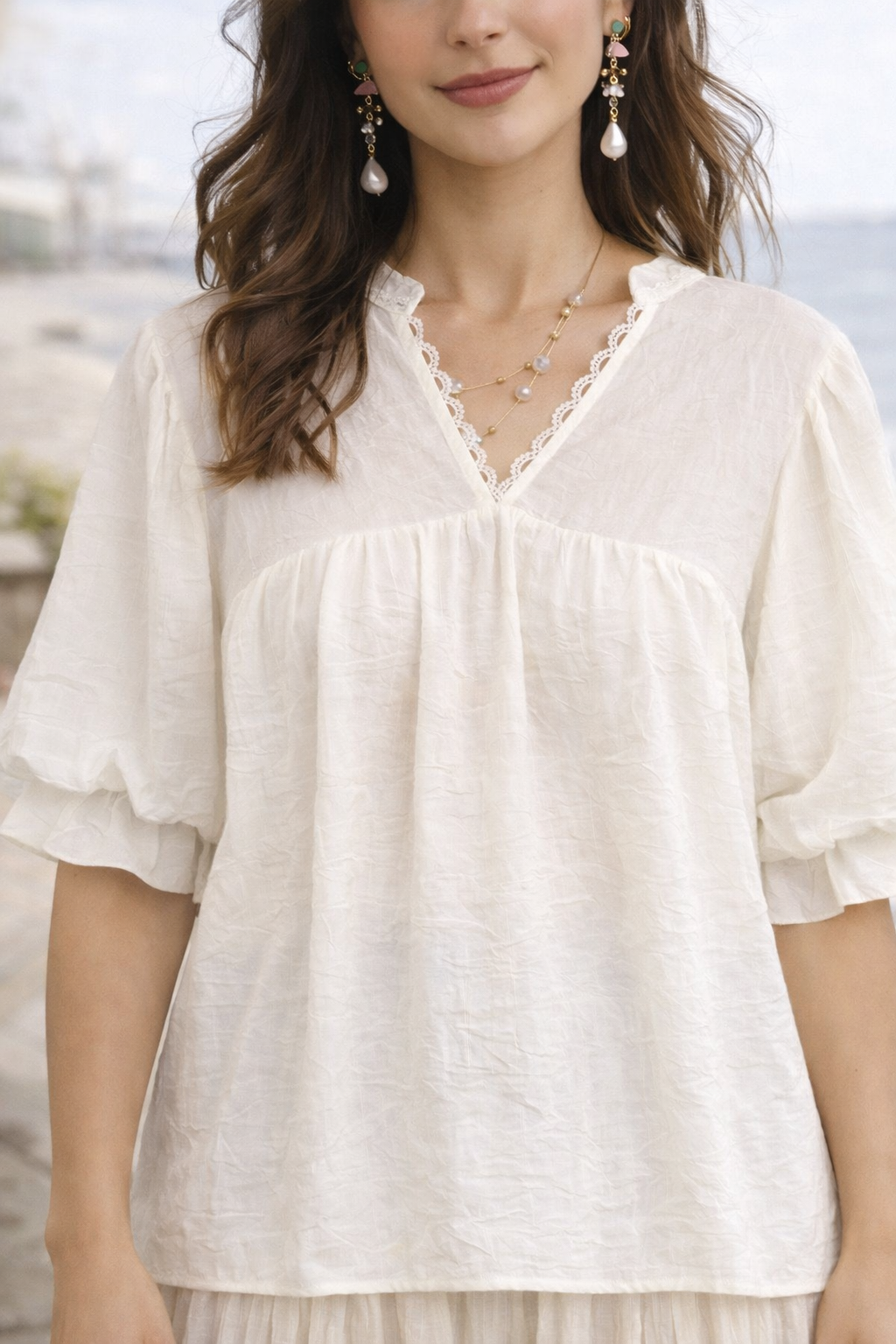 Umgee Textured Lace Trim V-Neck Boho Blouse