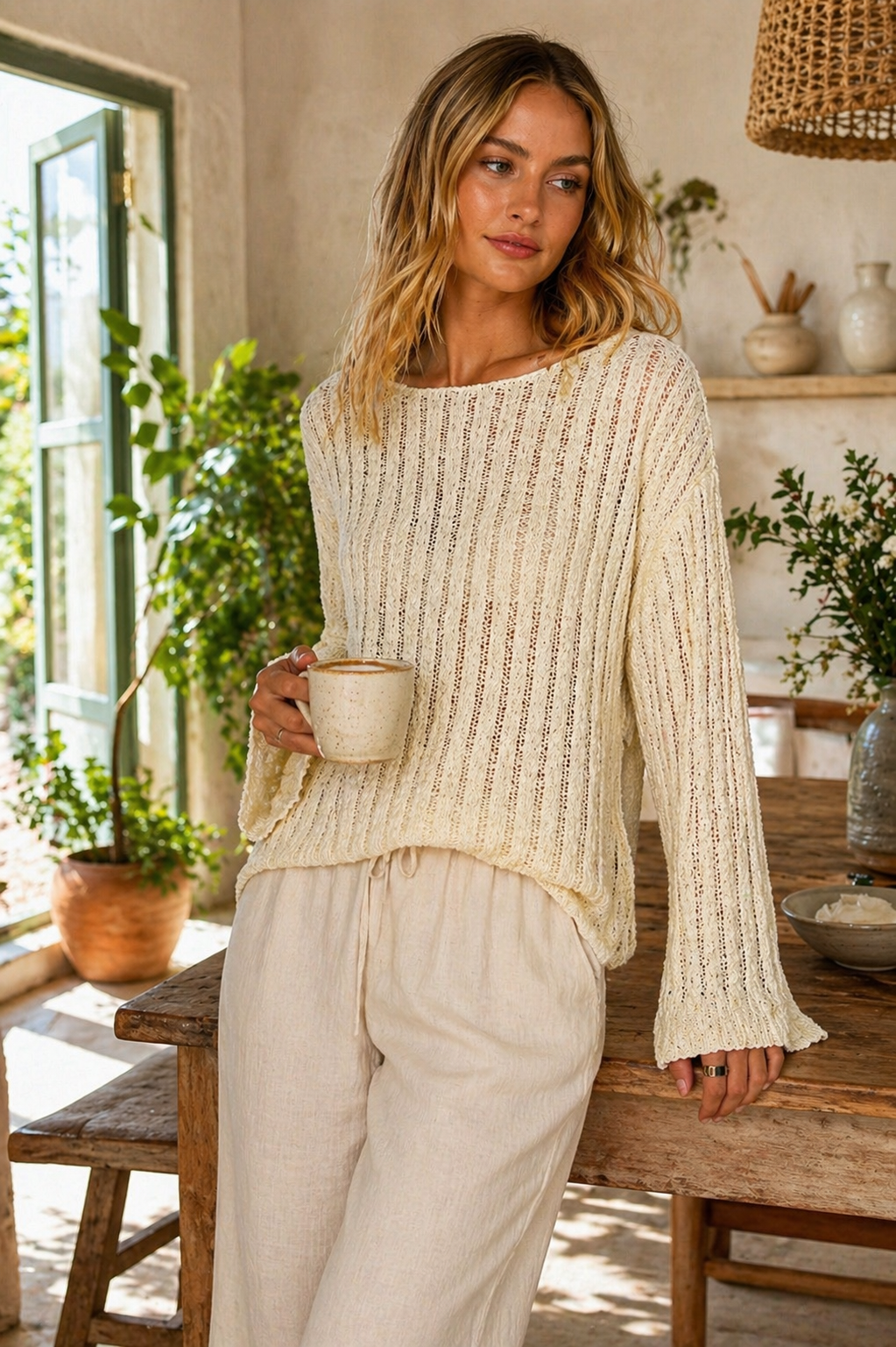 Round Neck Long Sleeve Open Weave Sweater | POL
