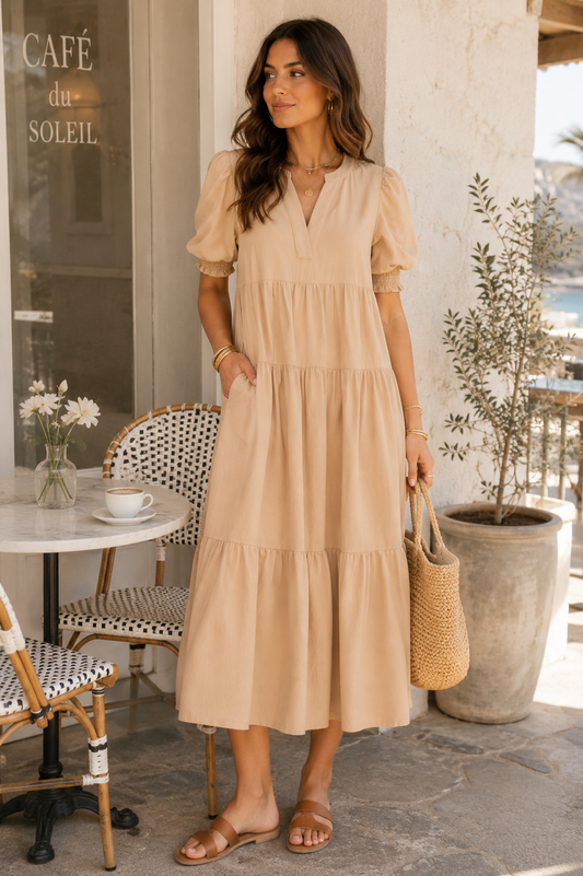 Umgee V-Neck Puff Sleeve Tiered Midi Dress