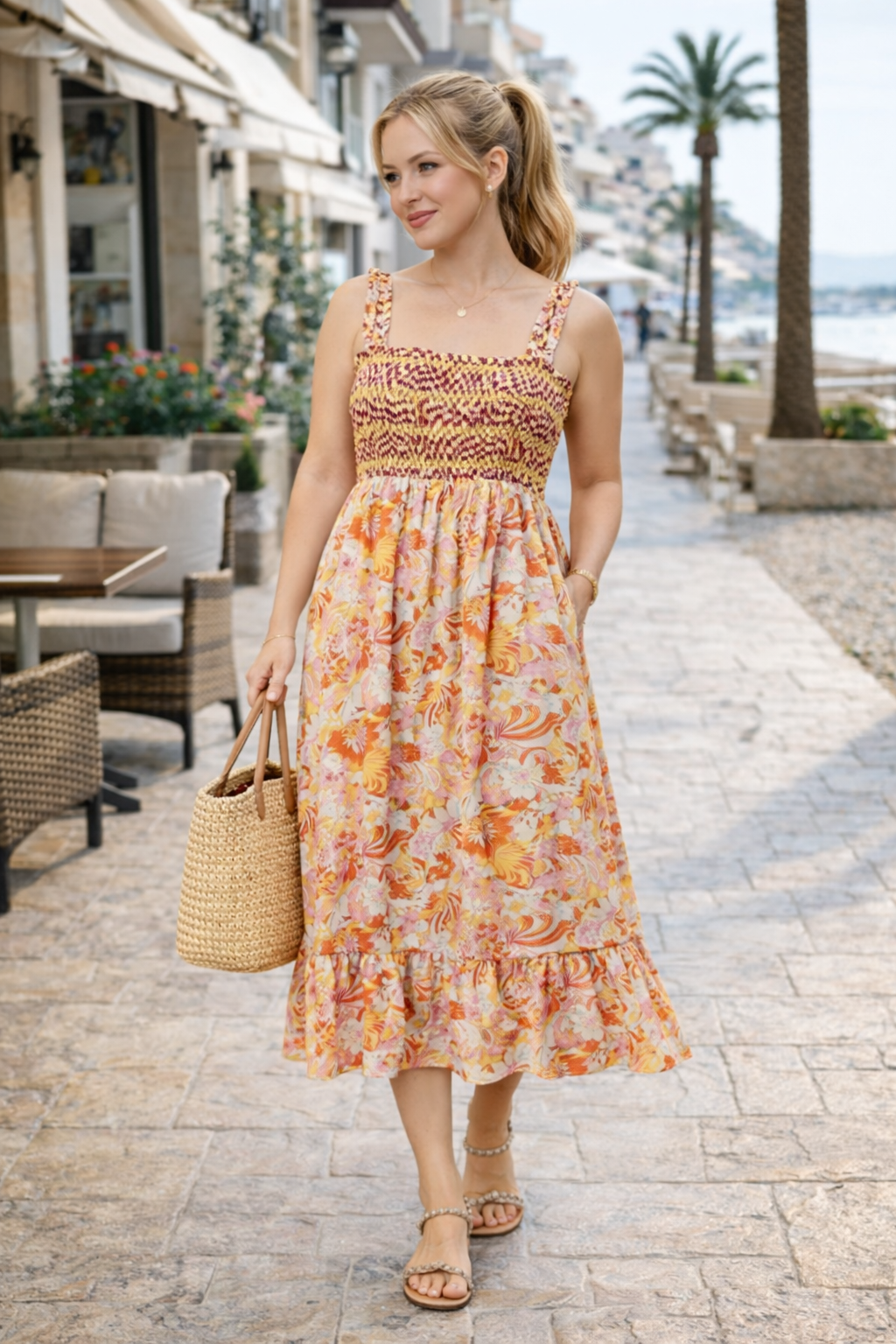 Davi & Dani Multi Smocked Bodice Geo Ruffle Strappy Midi Dress