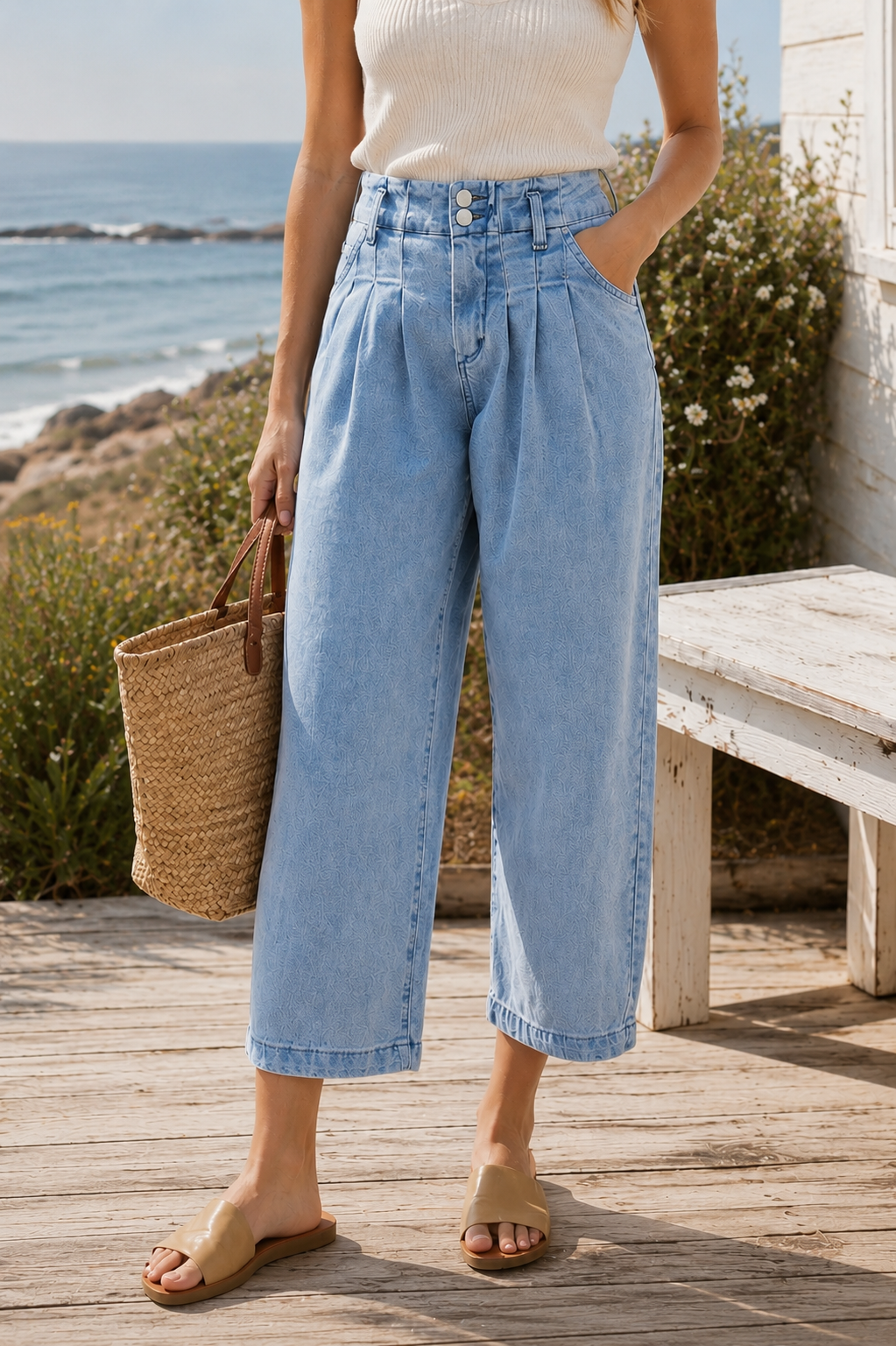 Slouchy Crop Barrel Pleated Jeans