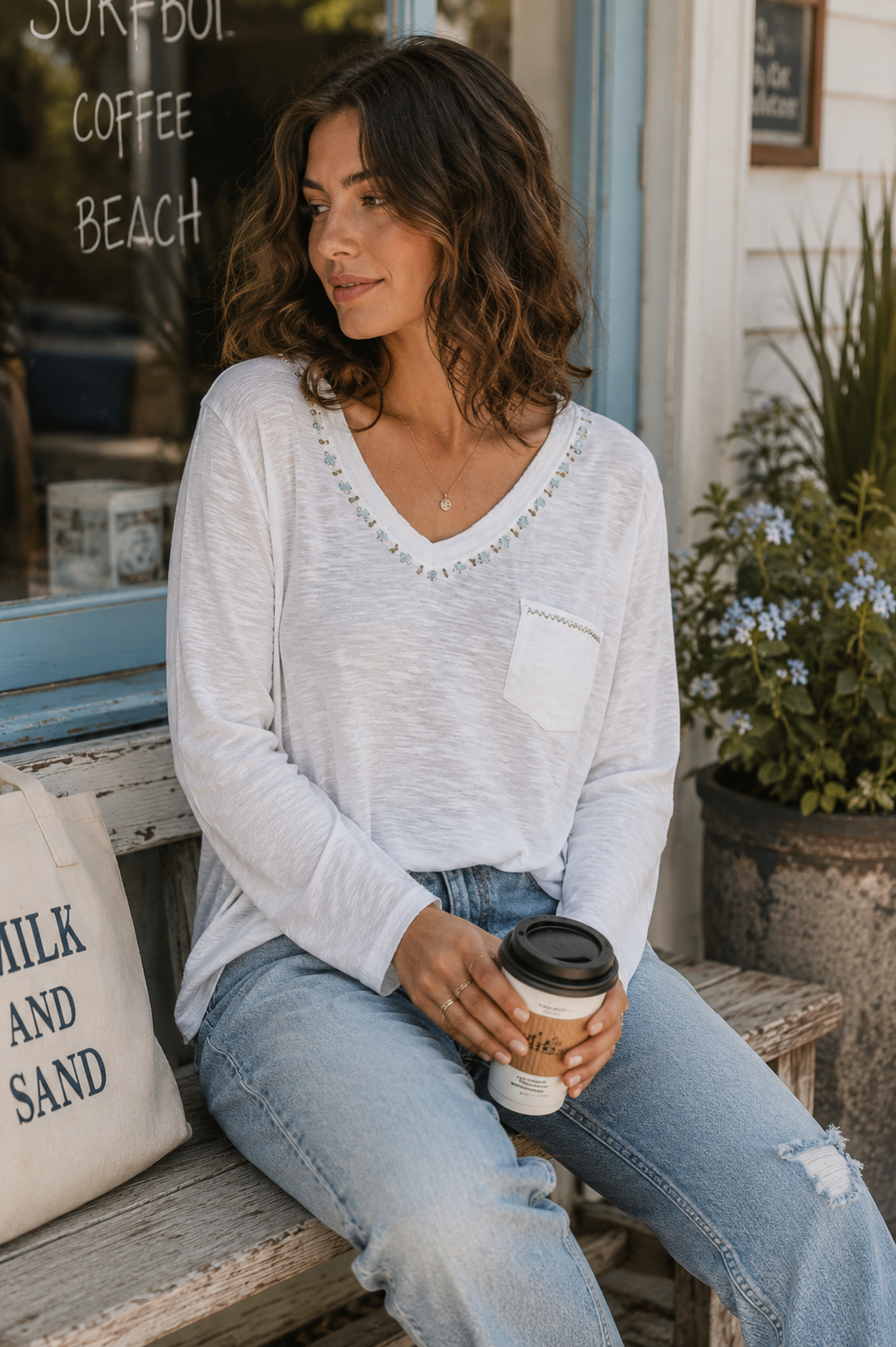 Contrast Hand-Stitch V-Neck Lightweight Knit Long Sleeve Top