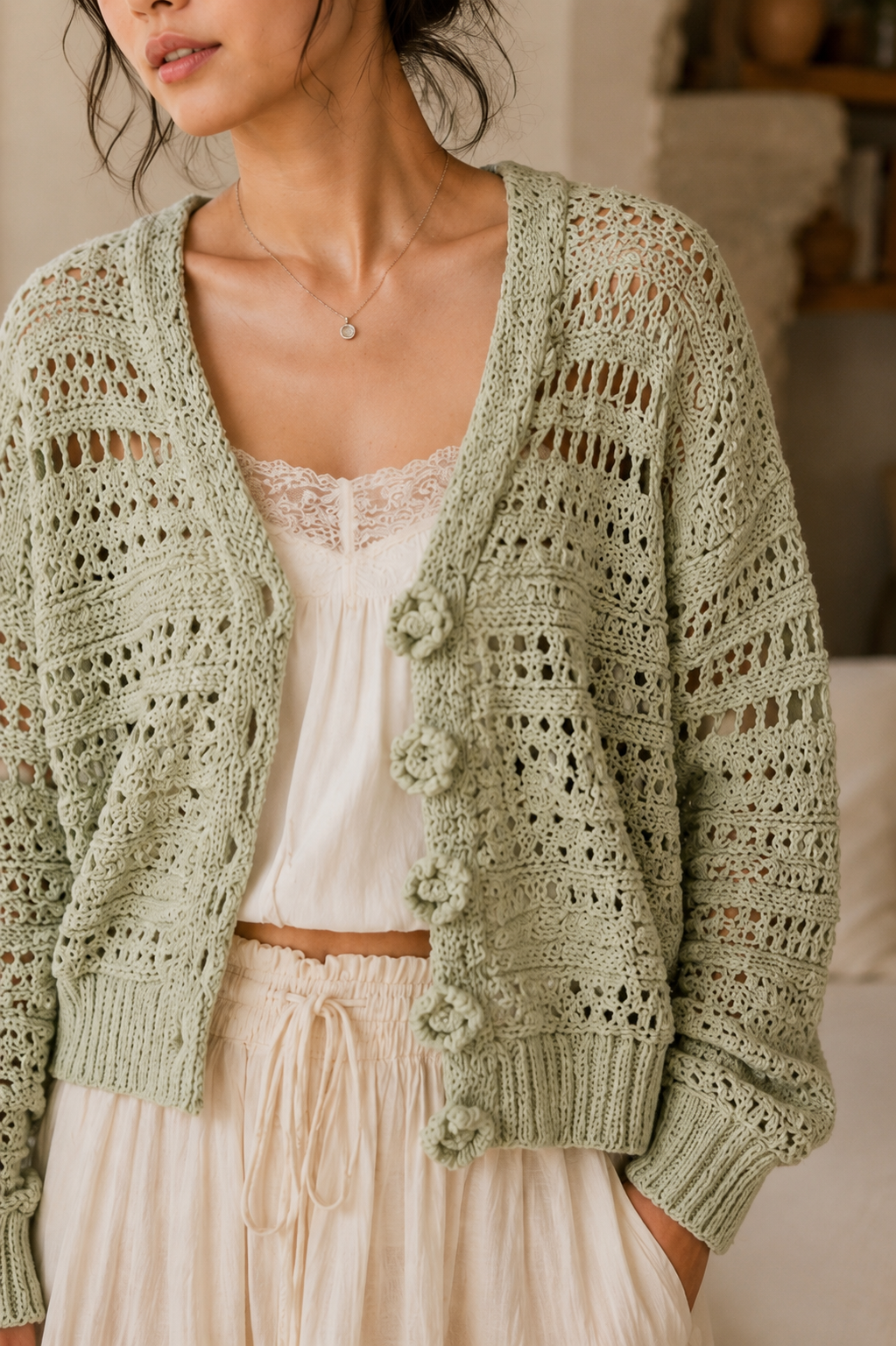Open-Knit Floral Button Cardigan