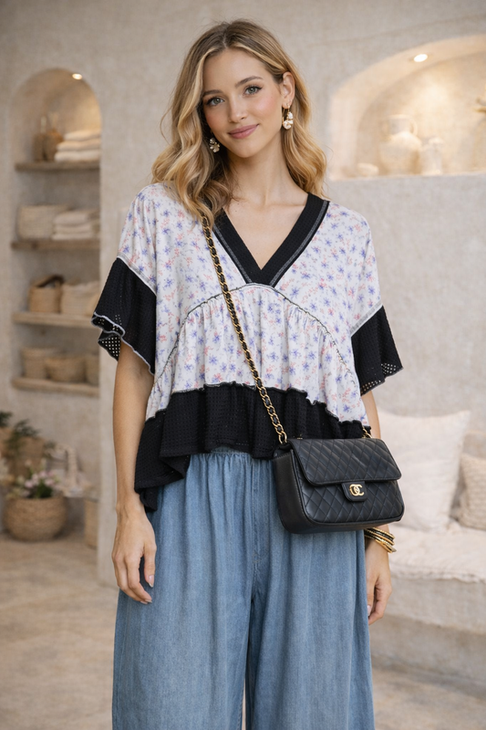 POL Floral Print V-Neck Woven Blouse with Gentle Gathers