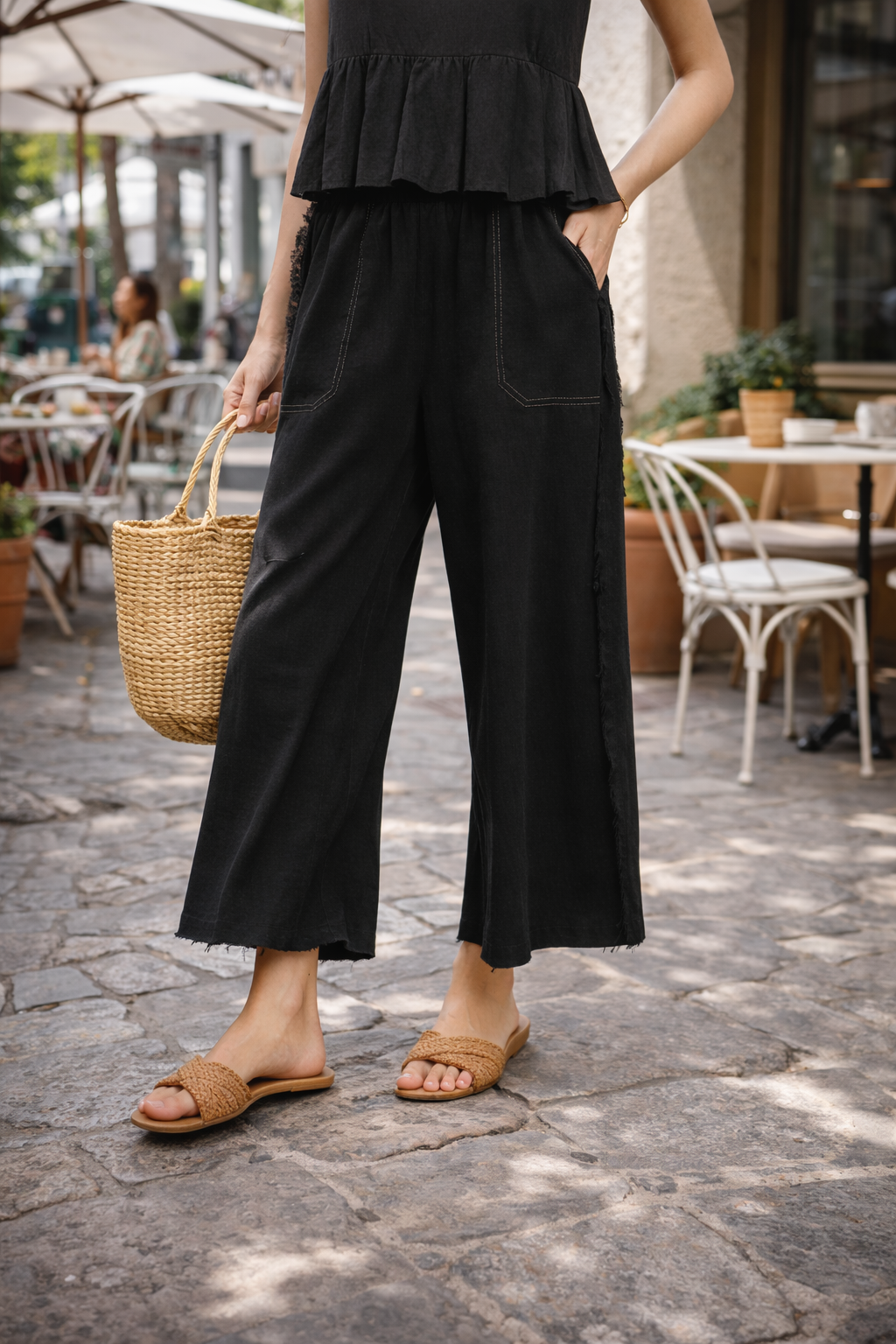 Linen Frayed Side Pocket Wide Leg Pants