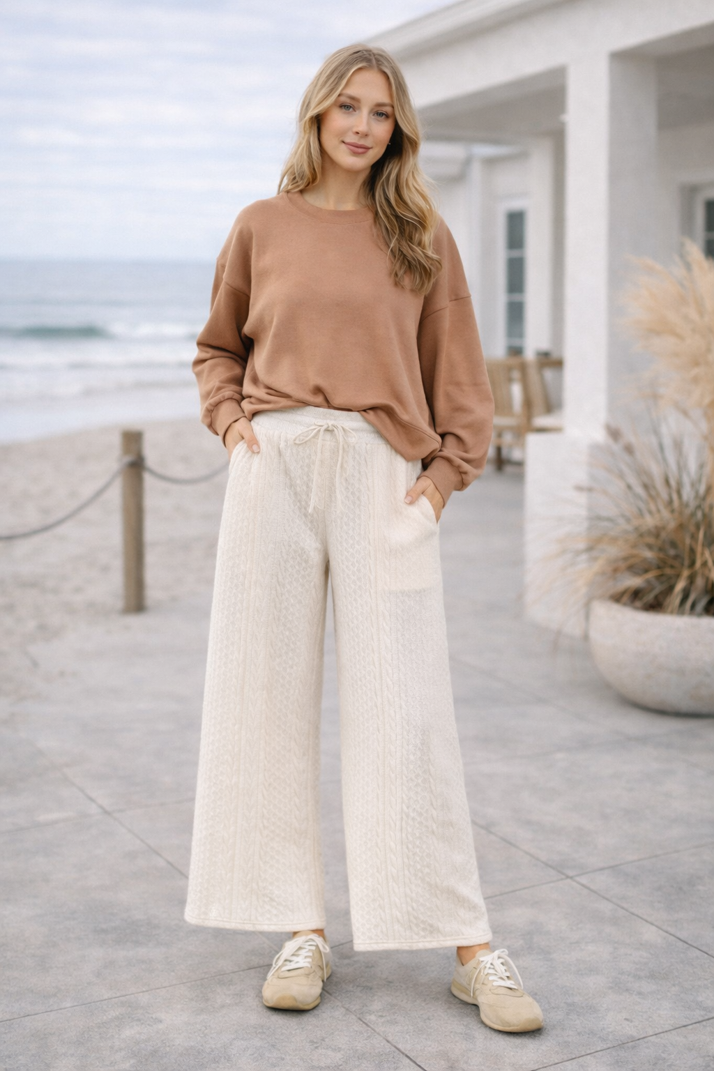 Umgee Cable Knit Textured Wide Leg Pants