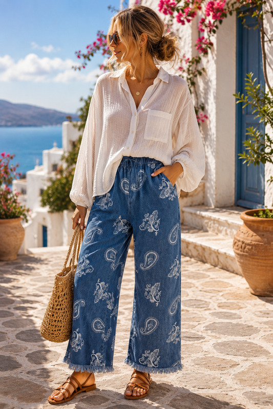 Denim Paisley Wide-Leg Pants