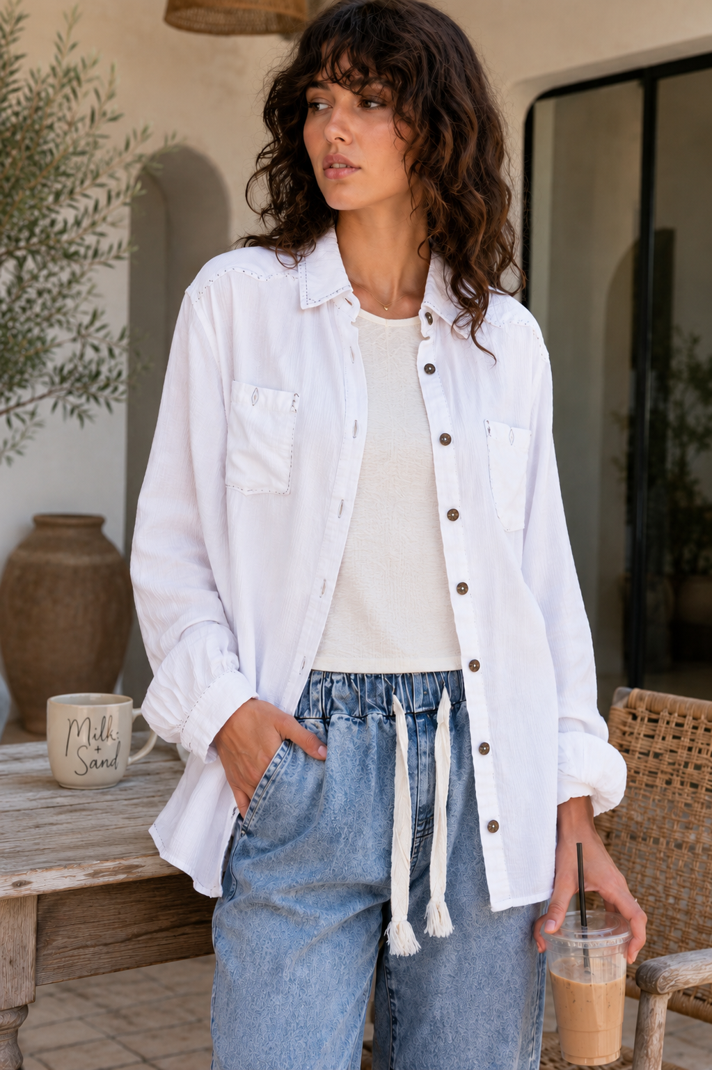 Washed Textured Cotton Western Button Front Shirt
