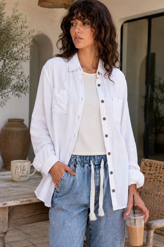 Washed Textured Cotton Western Button Front Shirt