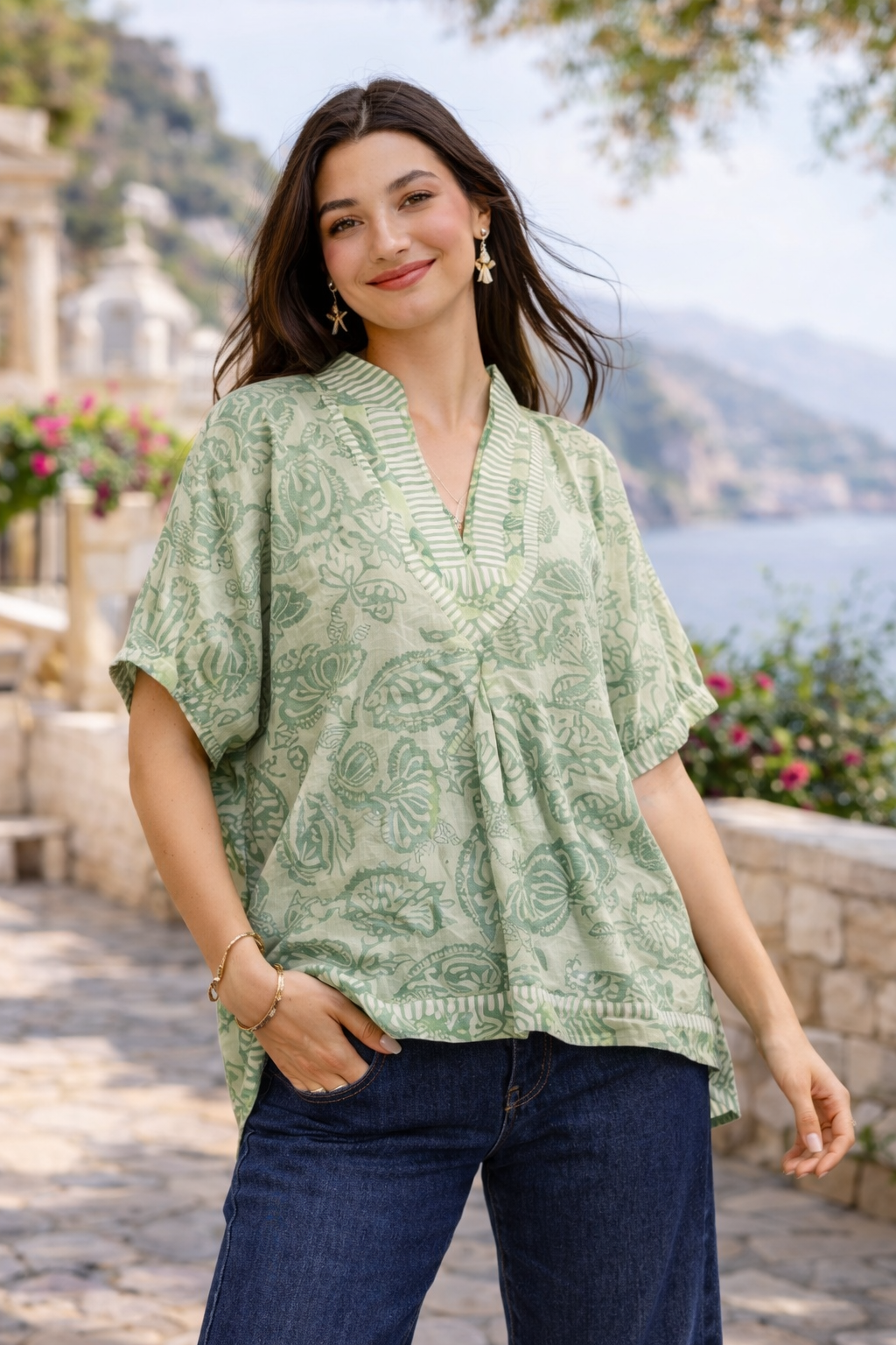 Umgee Botanical Print Mixed Trim Tunic Top
