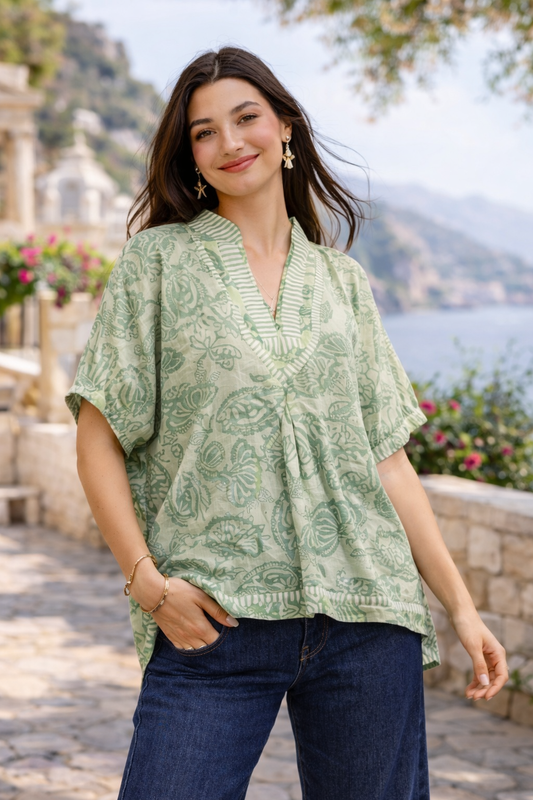 Umgee Botanical Print Mixed Trim Tunic Top