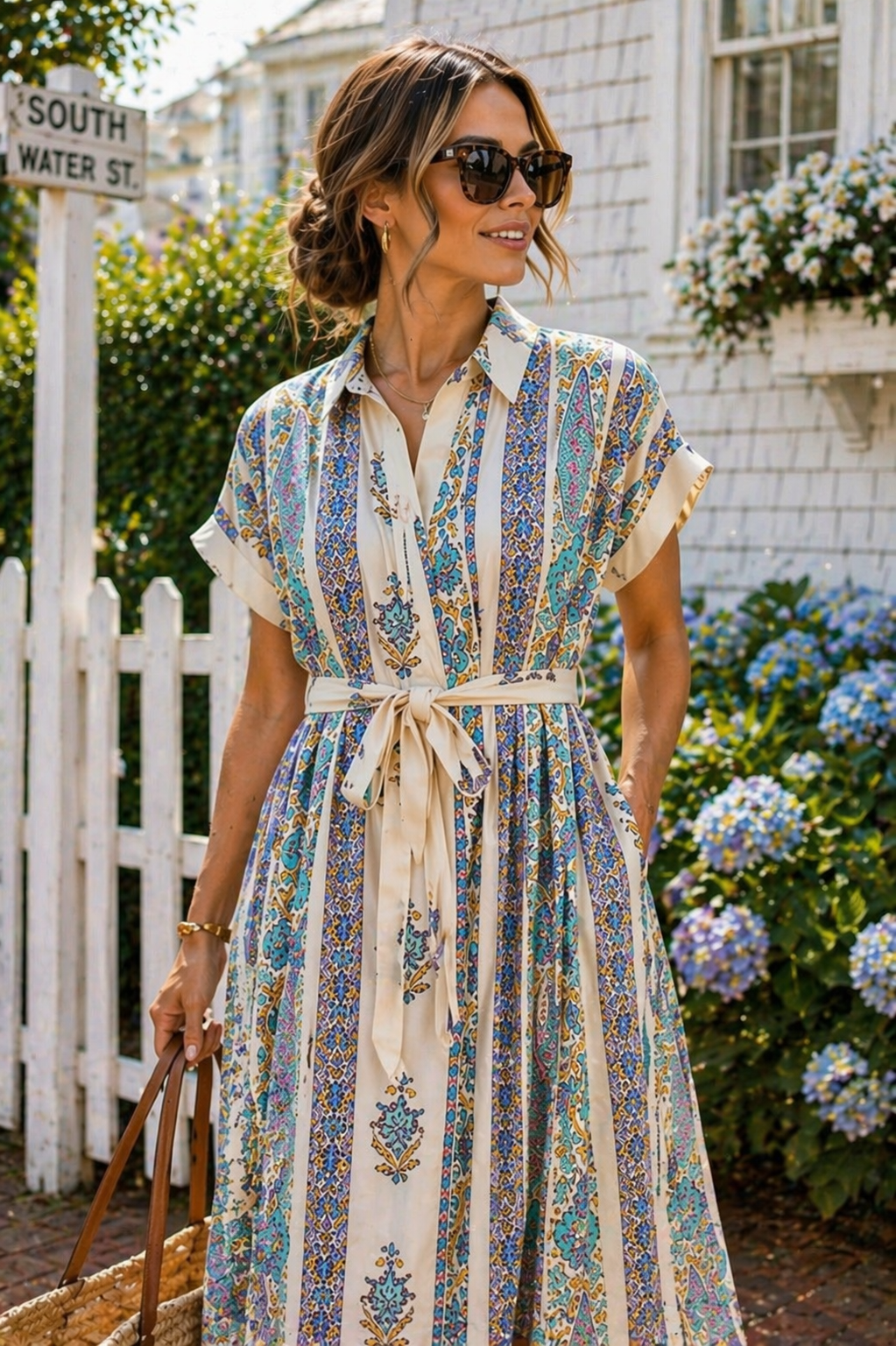 Vertical Print Tie Waist Midi Dress | Umgee