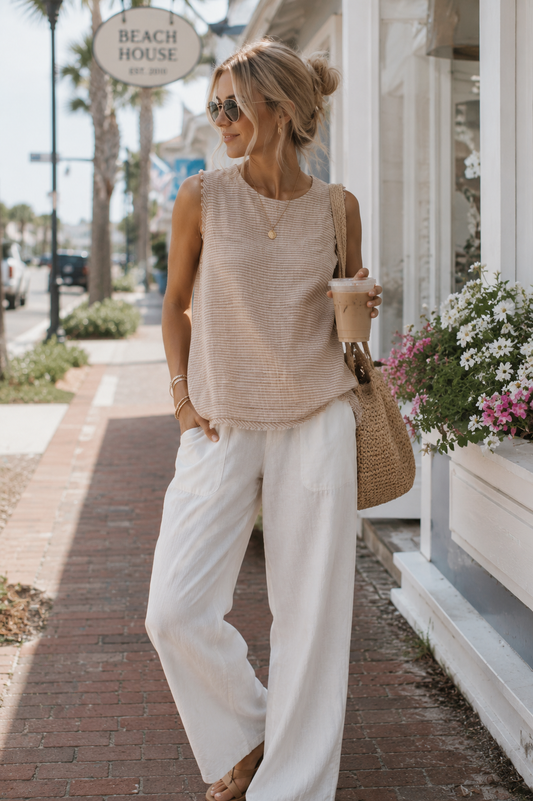 Stripe Fringe Trim Sleeveless Top